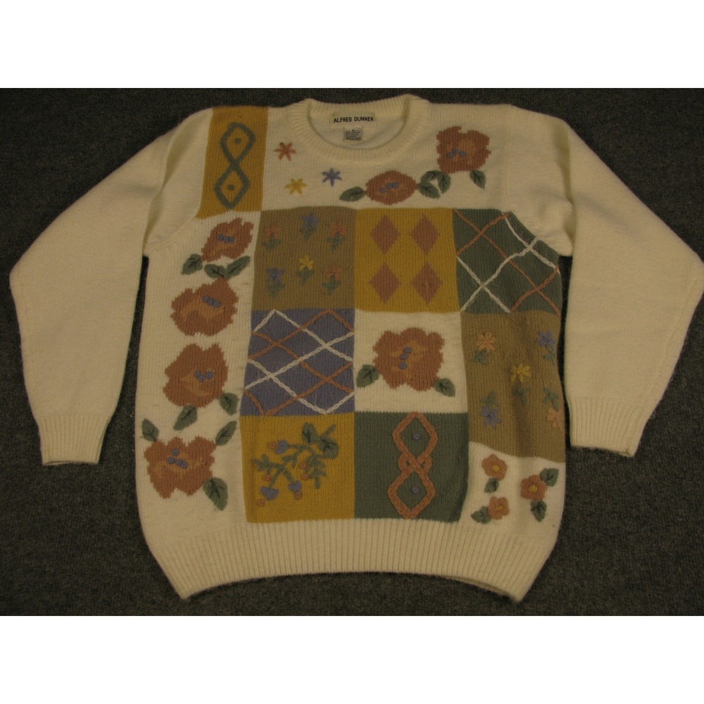 Alfred Dunner Vintage Floral Patchwork Crew Neck Sweater Multi Womens M 2196